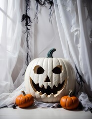 Photo realistic Halloween Scene with Creepy Pumpkin Face and White curtain background, Spooky White Pumpkin with Orange Pumpkins Display with Autumn Leaves and white lace Generative AI