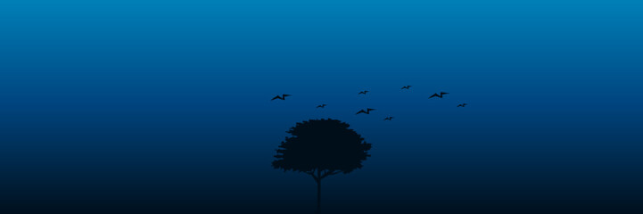 pine tree and bird flying silhouette with sunset landscape panorama vector illustration good for wallpaper, backdrop, background, web banner, and design template