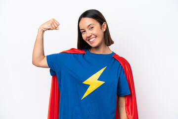 Super Hero caucasian woman isolated on white background doing strong gesture