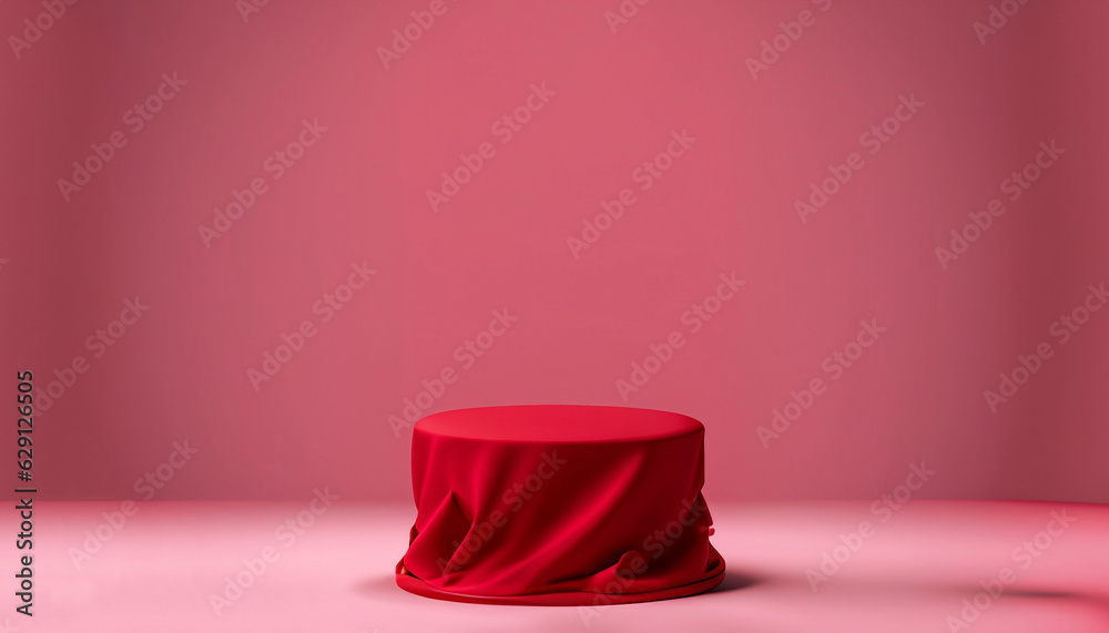 Wall mural Cylinder podium covered with red cloth on viva magenta background. Premium empty fabric pedestal for product display.