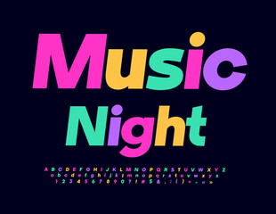 Vector trendy logotype Music Night. Colorful artistic Font. Bright Alphabet Letters, Numbers and Symbols