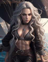 3D illustration of a beautiful fantasy woman with long blond hair in a pirate costume. Fictitious person illustration made by Generative AI.