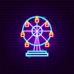 Ferris Wheel Neon Sign. Vector Illustration of Entertainment Festival Glowing Symbol.