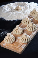 We cook dumplings or khinkali. Traditional Georgian dish. Dumplings are prepared by hand. Process of cooking khinkali.