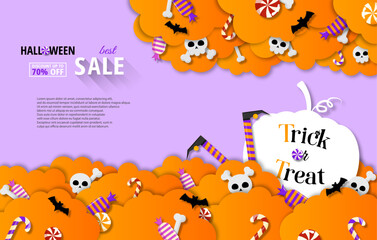 Halloween sale card, banner, flyer, background.Colorful poster with candies, bones, clouds. Trick or treat cards. Template for congratulations.Vector illustration in a paper cut style. Place for text.