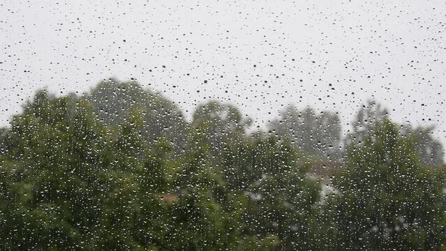 Starkregen prasselt gegen die Fensterscheibe / Unwetter,  Sturm