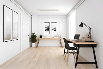 Bright and airy study room with a spacious white wall and an empty frame mockup, offering the freedom to showcase preferred prints or photographs. Generative AI