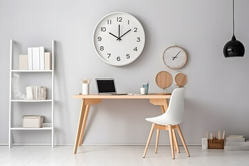 Bright and airy study room with an empty wall featuring a modern wall clock. Generative AI