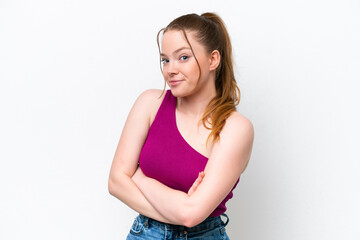 Young caucasian girl isolated on white background making doubts gesture while lifting the shoulders