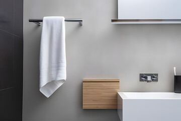 Clean and modern bathroom with an empty wall and a sleek towel rack with a single folded towel. Generative AI