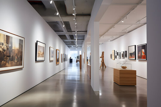 Contemporary art gallery with white walls, track lighting, and open space to showcase artwork. Generative AI