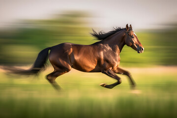 Fototapeta premium Panning shot of a horse galloping in a field, capturing the majestic motion. Dynamic and energetic image that showcases the power and grace of the animal. Generative AI