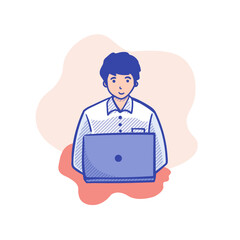 Young man working on laptop. Vector illustration in flat cartoon style.