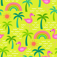 Fototapeta na wymiar Cute hand drawn palm tree, flamingo, rainbow, sun and wave seamless pattern for summer holidays design background.