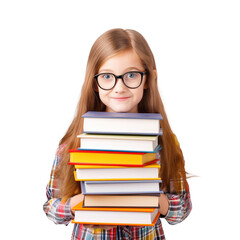 funny smiling child school girl with glasses hold books