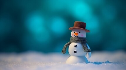 Cute snowman in a brown hat and scarf, standing in the snow, blue blurred background
