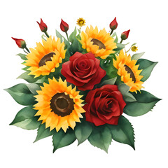 bouquet of sunflowers and red roses isolated