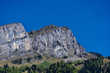 Fototapeta na wymiar Beautiful mountain panorama with woodland and peak in the Swiss Alps at lakeshore of Lake Lucerne on a sunny spring morning. Photo taken May 22nd, 2023, Sisikon, Switzerland.
