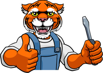 A tiger electrician, handyman or mechanic holding a screwdriver and peeking round a sign giving a thumbs up