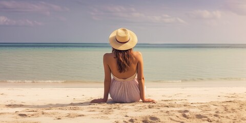 Summer hat. Travel lifestyle. Relaxing by sea. Beautiful beach holiday. Girl in swimsuit