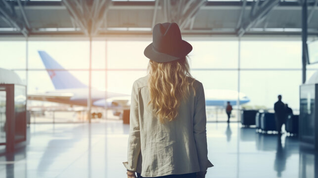 Backpacker woman at airport background. Travel vacation concept. Generative ai.