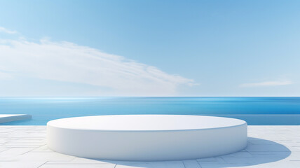 Fototapeta na wymiar 3d luxury white podium with blur ocean for your luxury product.Generative AI