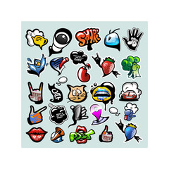 Vector set of cool social media signs and other shiny icons in stylized cartoon graffiti style