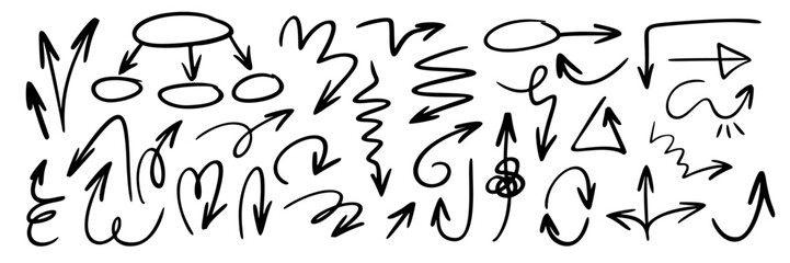 Pencil emphasis arrows hand-drawn in charcoal. Chalk scrawl of bent arrows. Texture design elements of chalk scribble lines. Vector illustration of hand drawn crayon lines with a check pattern.