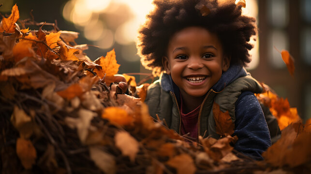 Cute african american child playing with autumn leaves in the park 