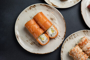 Japanese cuisine. Assorted rolls of various kinds. 