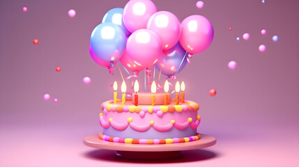 birthday cake with candles and balloon in pink background
