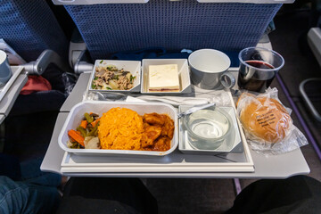 Inflight airplane Asian food set meal served consisting rice and spicy chicken, appetizer, dessert,...
