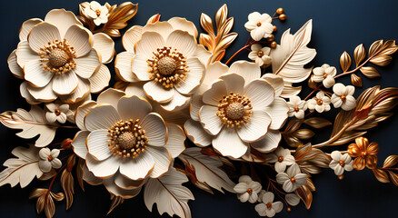 some white and gold paper flowers on a grey background