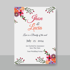 Beautiful hand drawn floral Watercolor wedding invitation template
