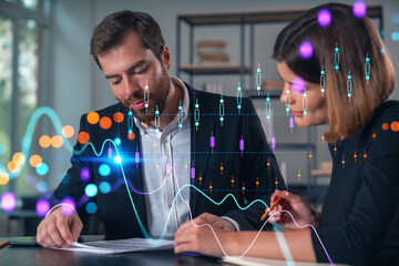 Businesspeople in formal wear taking notes signing contract at office workplace. Concept of important working moments, document sign, working process, concentration. Financial charts