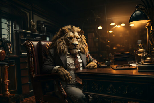 Serious male lion in an expensive formal suit, the king of beasts with mane, the big boss is sitting in a luxurious chair in the office room. Business management concept.  Generative AI Technology