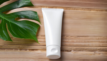 Blank white plastic cosmetics tube and green leaf on wooden board. Skincare, beauty treatment, spa concept.