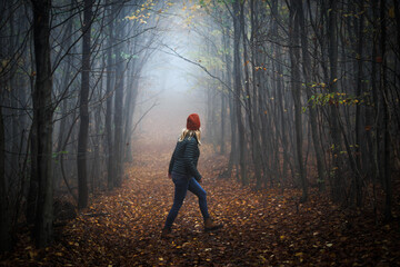 Lonely woman walking on footpath in dark foggy mystery forest. Spooky atmospheric mood in autumn...