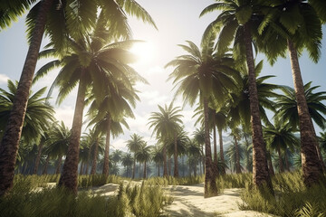 Fototapeta na wymiar Beautiful coconut palm trees sunlight, Golden hour, travel summer holiday concept. Ai Generative