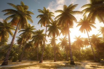 Obraz na płótnie Canvas Beautiful coconut palm trees sunlight, Golden hour, travel summer holiday concept. Ai Generative