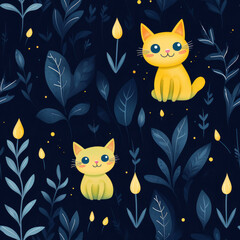 A seamless pattern with cats, light yellow and dark blue wallpaper
