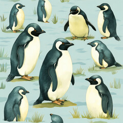 A seamless pattern with penguins' watercolor