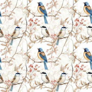 Photo beautiful watercolor seamless pattern with birds on branch