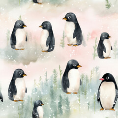 A seamless pattern with watercolor penguins under the snowy sky