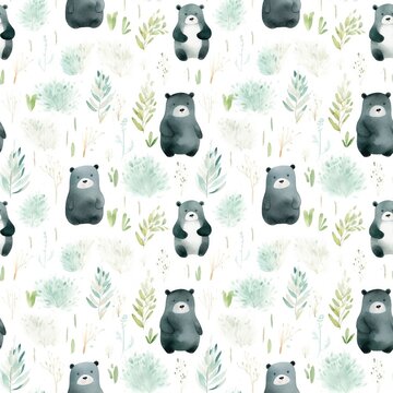 Photo seamless pattern with bears, watercolor hand drawn illustration
