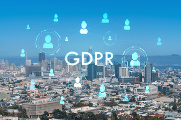 Panoramic view of San Francisco skyline at daytime from hill side. Financial District, residential neighborhoods. GDPR hologram, concept of data protection regulation and privacy for all individuals