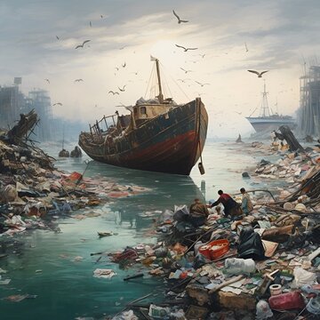 boat on a world covered in rubbish