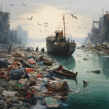 boat on a ocean covered with rubbish