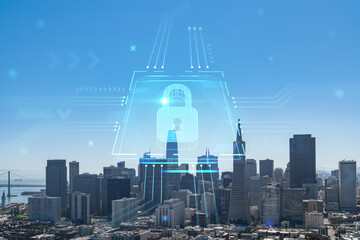 San Francisco skyline from Coit Tower to Financial District and residential neighborhoods, California, US. The concept of cyber security to protect confidential information, padlock hologram