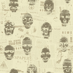 Fototapeta na wymiar seamless pattern with scary male and female human faces on light background in collage of newspaper clippings in grunge style. Wallpaper, wrapping paper or fabric design